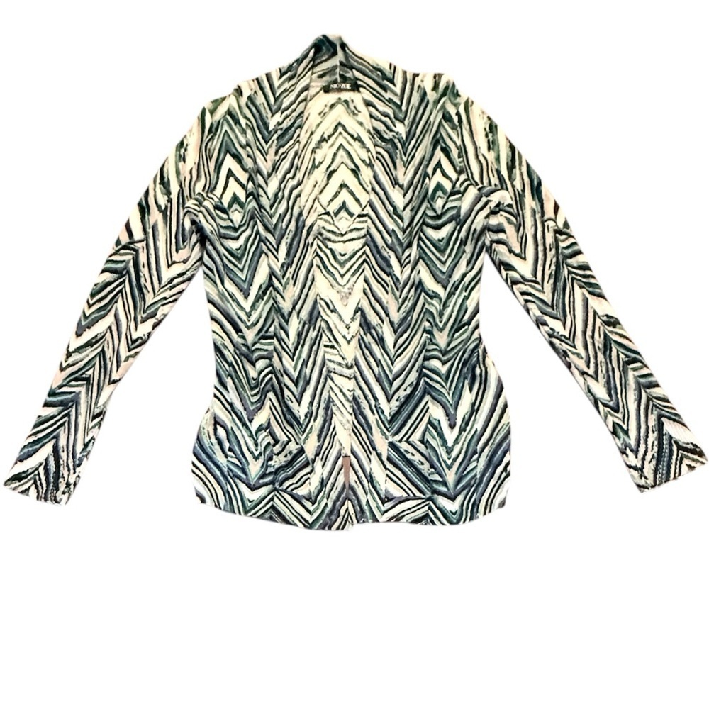 NIC+ZOE Cream/Teal/Navy Open Front Chevron Linen Sweater Size Medium MSRP $168 - Picture 3 of 12